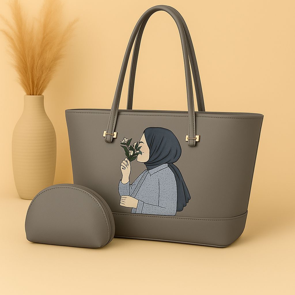 👜 High-Quality Synthetic Leather Tote Bag with Hijab Girl Print + Mini Zipper Pouch ✨