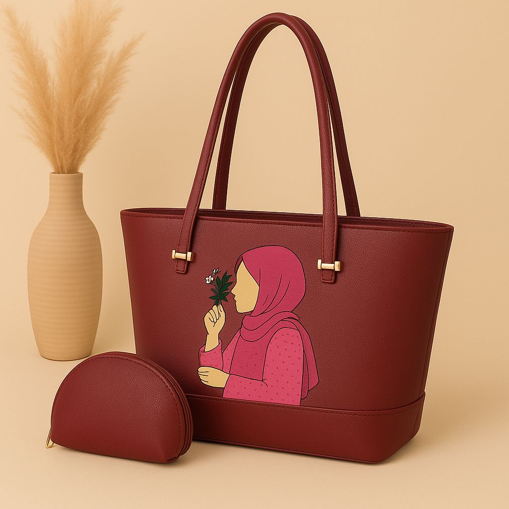 👜 High-Quality Synthetic Leather Tote Bag with Hijab Girl Print + Mini Zipper Pouch ✨