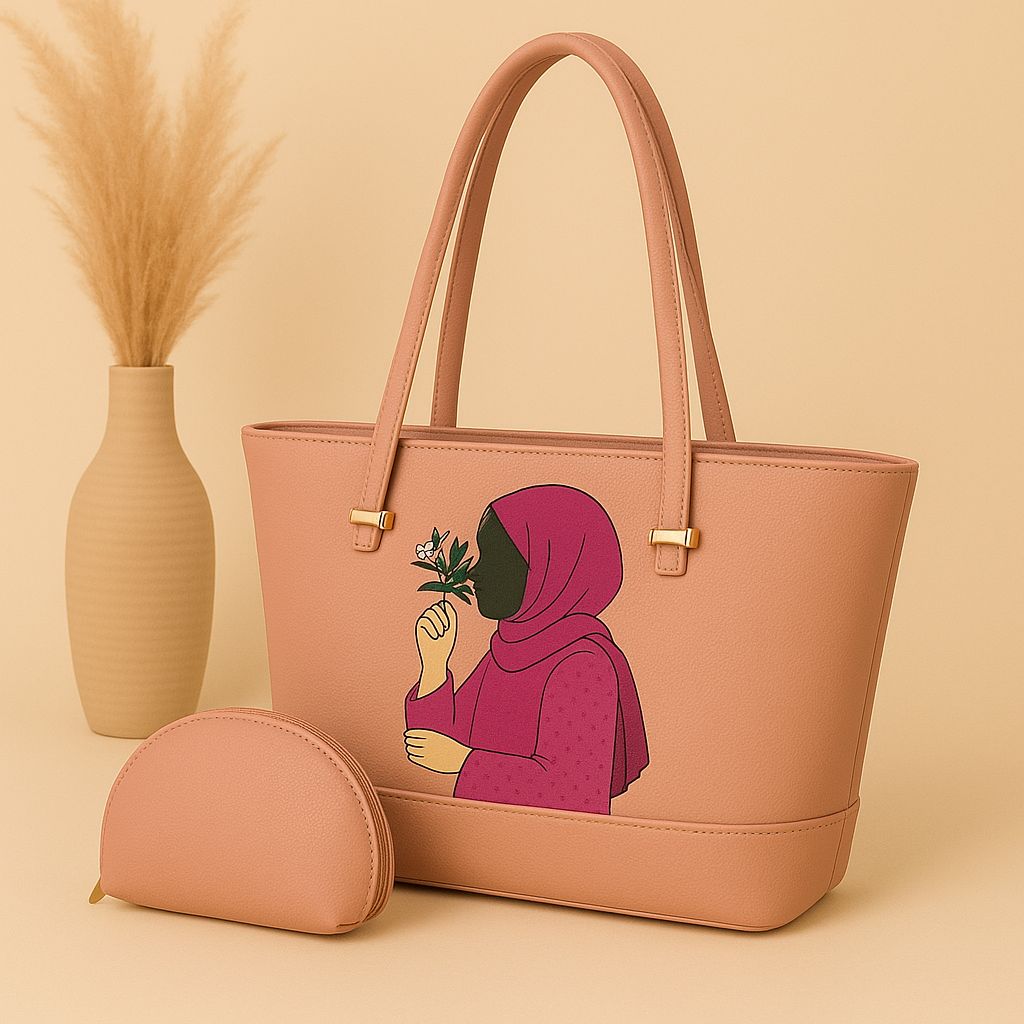 👜 High-Quality Synthetic Leather Tote Bag with Hijab Girl Print + Mini Zipper Pouch ✨