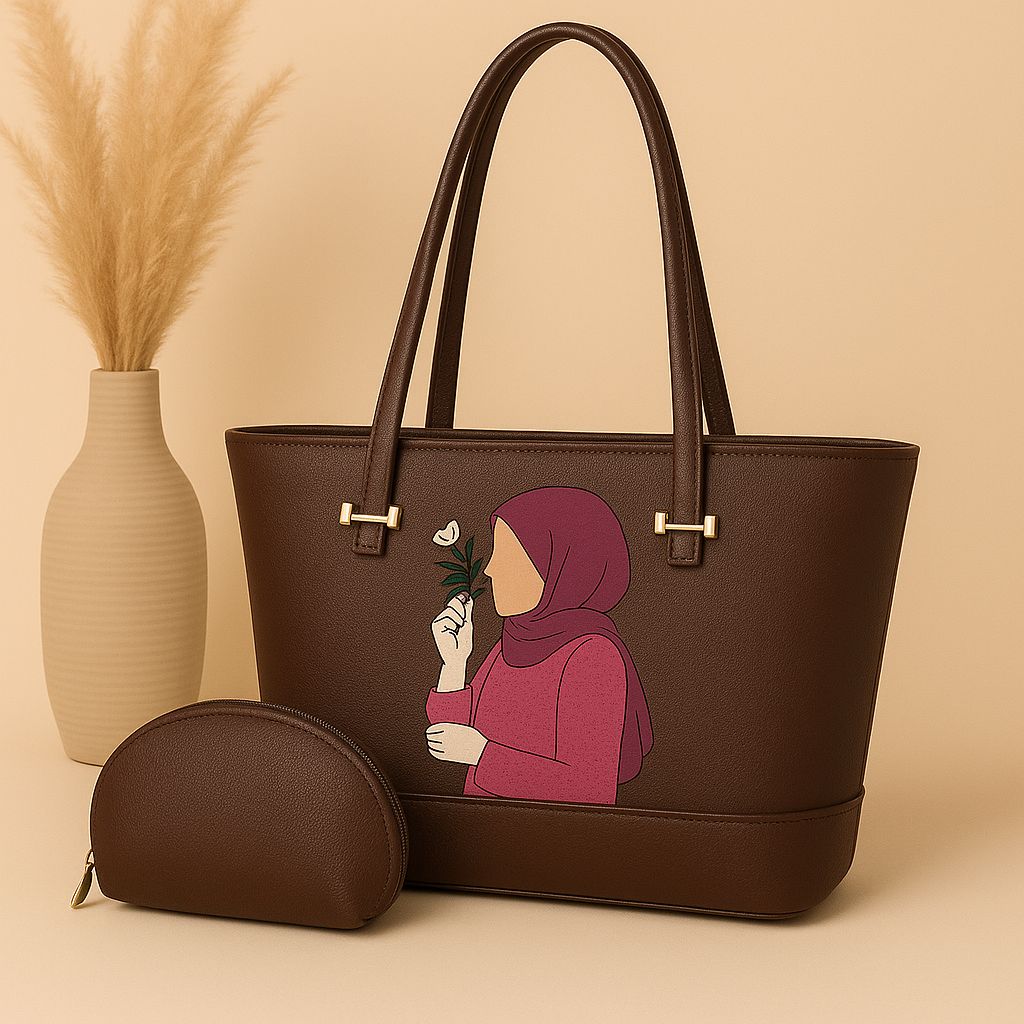 👜 High-Quality Synthetic Leather Tote Bag with Hijab Girl Print + Mini Zipper Pouch ✨