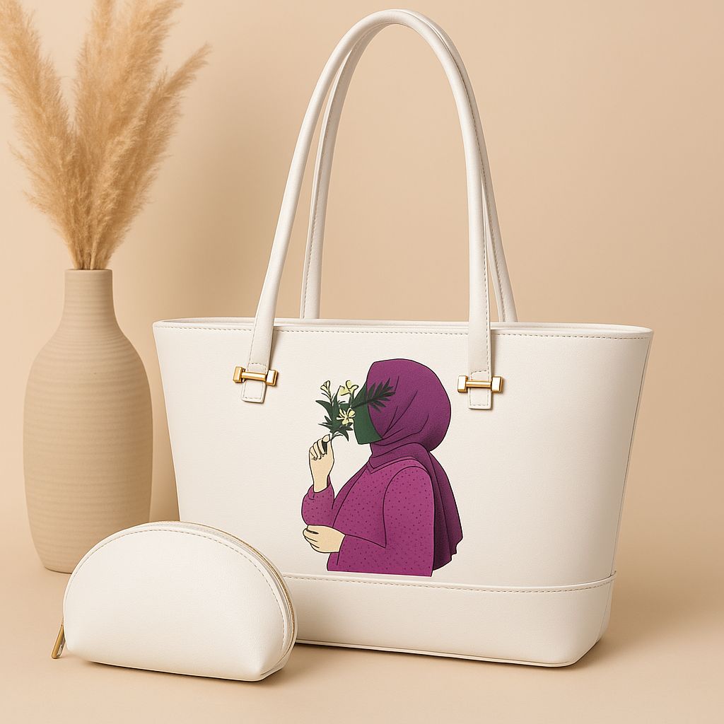 👜 High-Quality Synthetic Leather Tote Bag with Hijab Girl Print + Mini Zipper Pouch ✨