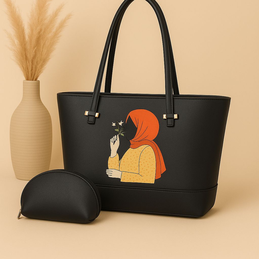 👜 High-Quality Synthetic Leather Tote Bag with Hijab Girl Print + Mini Zipper Pouch ✨